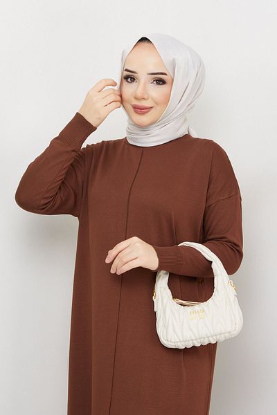 Pamuk Butik Γυναικείο Πλεκτό Φόρεμα Mercerized Hijab Καφέ