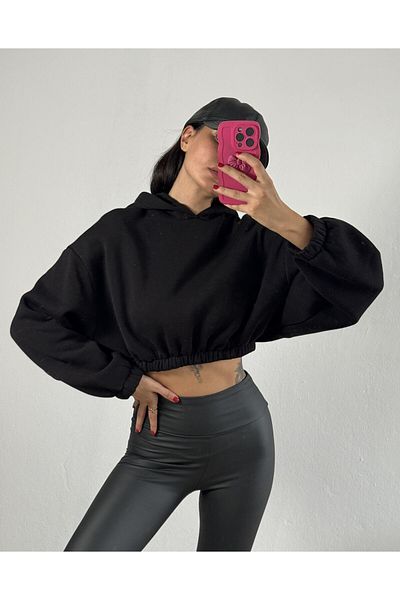 minaaise Black Hooded Wide Cut Ribbed Crop Sweatshirt 26260