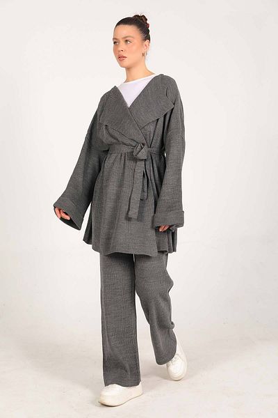Melike Tatar طقم سترة أنثراسايت تريكو 3-3004