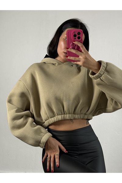 minaaise Wide Cut Mold Green Crop Sweatshirt - Hooded, Ribbon 26260