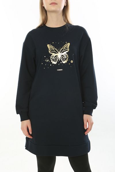 Avones Women's Oversize Pattern Butterfly Printed 2 Thread Tunic Navy Blue