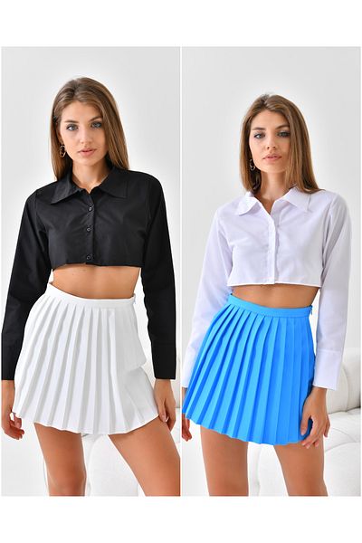 mirach Women's Crop Shirt - Pack of 2, Shirt Collar, White Black Neck Collar Model
