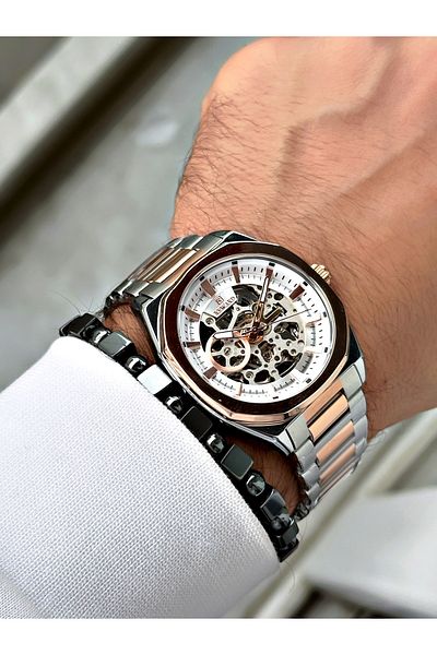 Reward Silver Rose Gold Color Luxury Mechanism Steel Strap Men's Wristwatch + BRACELET WITH GIFT