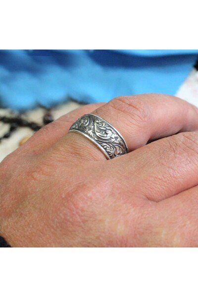 Gülistan Kuyumculuk Erkek El Yapımı Orijinal 925 Ayar Gümüş Alyans Kalemkar Işçilik 10 Mm Söz Nişan Yüzüğü