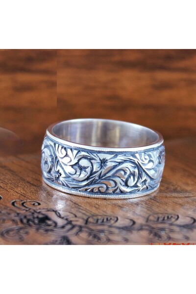 Gülistan Kuyumculuk Erkek El Yapımı Orijinal 925 Ayar Gümüş Alyans Kalemkar Işçilik 10 Mm Söz Nişan Yüzüğü