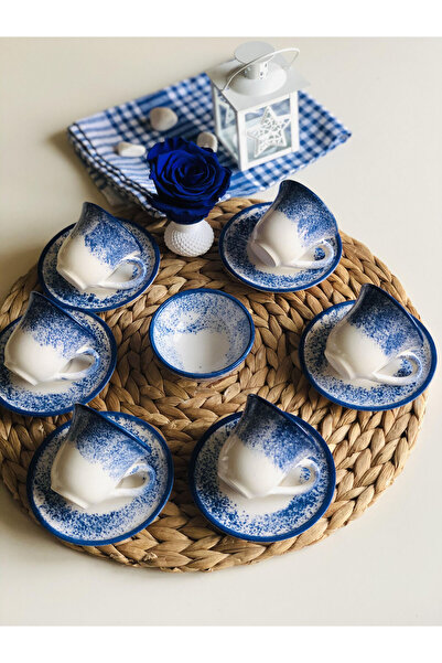 Den Tasarım Hediyelik Dentadesign Gift Blue Set of 6 Turkish Coffee Cups and Ceramic Set of 6 Snacks