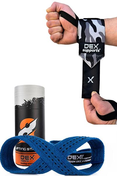 Dex Supports Lasting Energy Dark Camouflage Bracelet & Blue 8 Loop Lifting Straps for Sportsman - Pack of 2