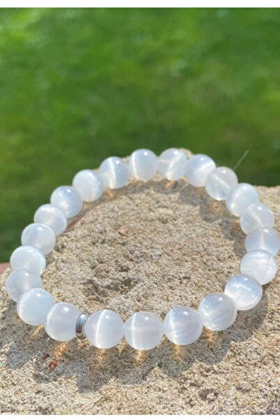 NBS Beautiful Naturel Stones Selenit ( Aura Temizler , Ortama Pozitiflik yayar ) Yansımalı AA kalite Doğal Taş Bileklik 8 mm