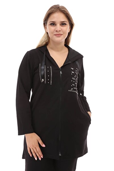 Mia Butik Large Size Black Hooded Sequined Tracksuit Set