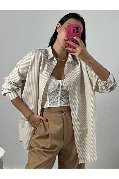 minaaise Cămașă supradimensionată în dungi bej 27001