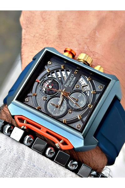 Ferrucci Navy Blue Color Square Model Sports Silicone Men's Wrist Watch + BRACELET GIFT
