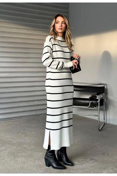 rengamoda Rochie de damă cu fantă laterală, cu potrivire confortabilă, cu dungi lungi (culoare)