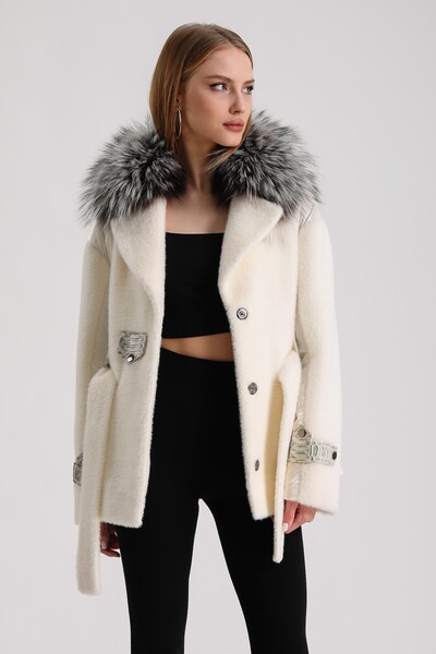 Leather Club Ecru Arjante Fox Fur Accessory Python Leather Garnished Wool Coat