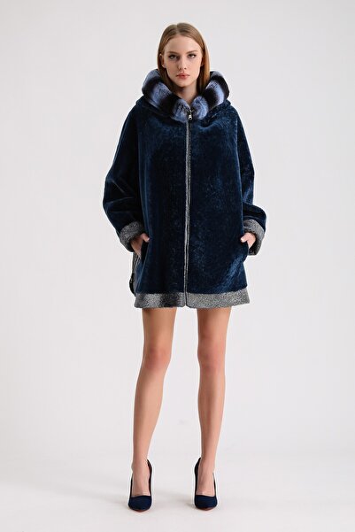 Leather Club Petrol Mavi Rex Aksesuarlı Deri Garnili Çift Taraflı Astragan Kürk Kaban