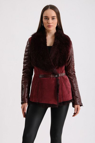 Leather Club Tuscan Fur Coat with Dark Red Accessories