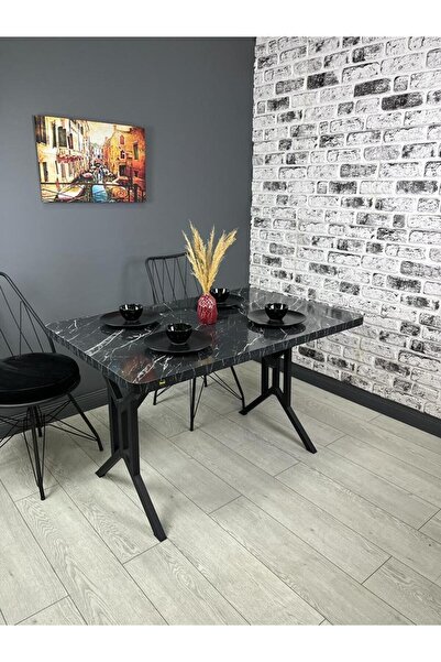 hey Sultan Siyah Mermer Mutfak Yemek Masası Balkon Masası Kavisli Köşe Metal Siyah Ayak 120*80 Cm