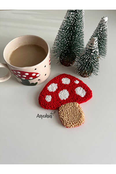 asyakuş Efsarstudio Handmade Punch Needle Mushroom Coaster Mug Rug