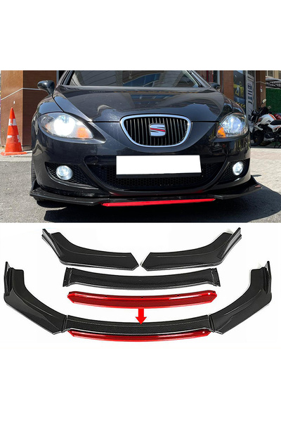 MKG Otomotiv Seat Leon Mk2 Kırmızı Renkli Şeritli Dilli Ön Lip 4 Prç Parlak S...