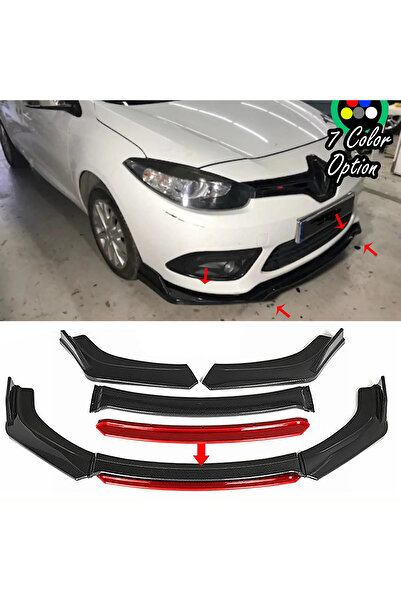 MKG Otomotiv Renault Fluence Uyumlu Kırmızı Renkli Şeritli Dilli Ön Lip 4 Prç Parlak Siyah ABS 2009 - 2016