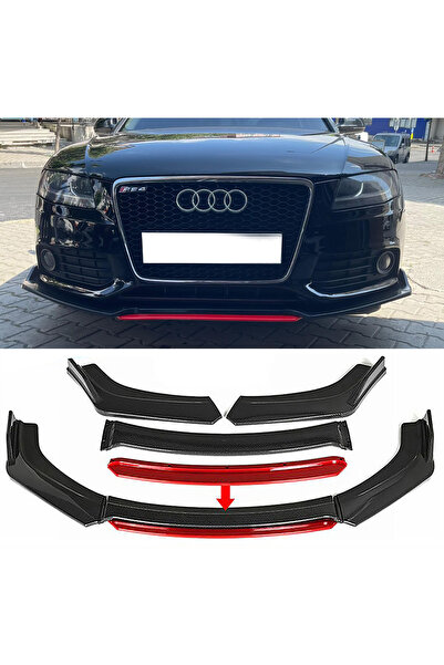 MKG Otomotiv Audi A4 B8 Kırmızı Renkli Şeritli Dilli Ön Lip 4 Prç Parlak Siya...