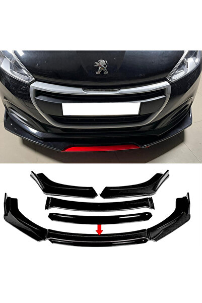 MKG Otomotiv Peugeot 208 Siyah Renkli Şeritli Dilli Ön Lip 4 Prç Parlak Siyah...