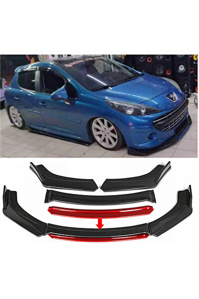 MKG Otomotiv Peugeot 207 Kırmızı Renkli Şeritli Dilli Ön Lip 4 Prç Parlak Siy...