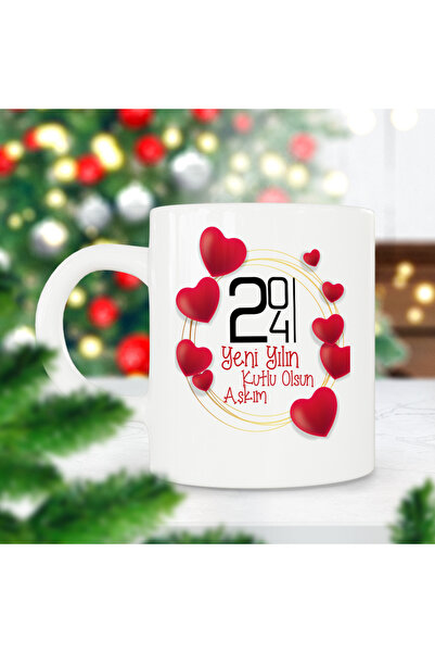 ART HEDİYE 2024 Happy New Year My Love Hearts Christmas Gift Printed Mug Cup