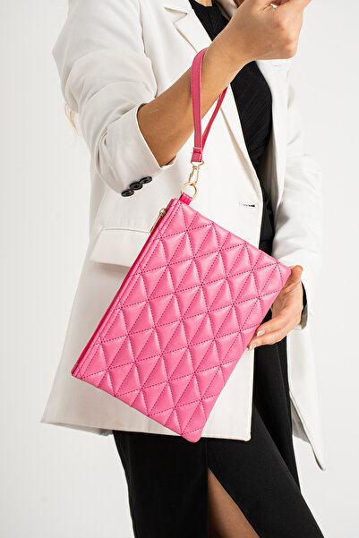 Defnella Fuşya Desenli Portföy Clutch Çanta 25x19 Cm
