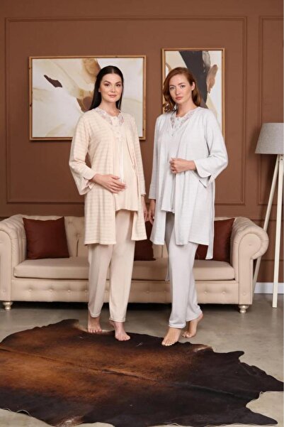 BirolGaye Bone Club 5711 Gray Maternity 3-Piece Pajamas Dressing Gown Tk