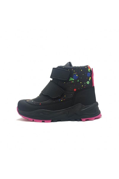 GDT Ayakkabı Black Fuchsia Patterned Waterproof Velcro Children's Boots