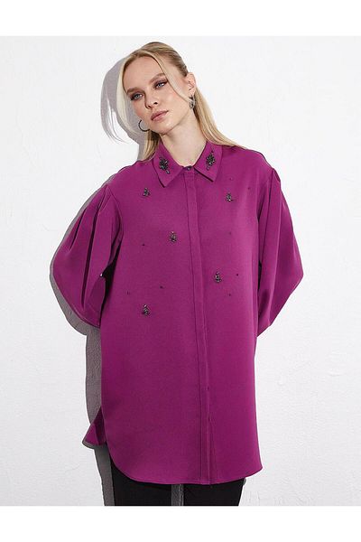 Kayra Stone Detailed Gathered Tunic Purple