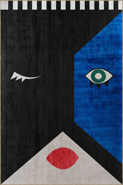Rugs Modern Halı Mavi Siyah Temalı Sürrealist Yüz Tasarım Soyut Göz Desenli M...