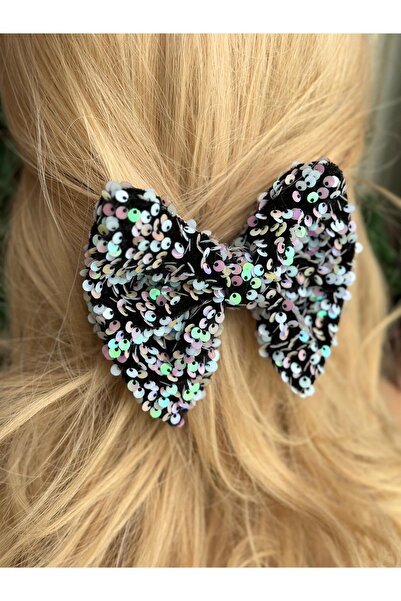 QUEEN AKSESUAR New trend luxury shiny lights up rotary hologram white sequin black velvet big bow metal clip buckle