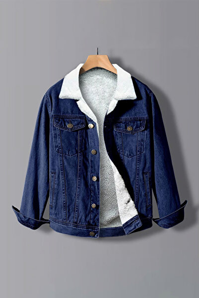 Cuqq Denim Erkek Lacivert İçi Kürklü Kot Ceket Slim Fit