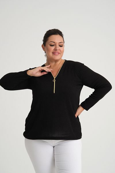 MJORA Black Zippered V-Neck Plus Size Knitwear