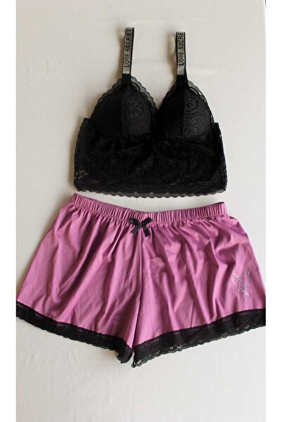 Satürn store Lila Saten Şortlu Bralet Love Secret Taşlı Takım