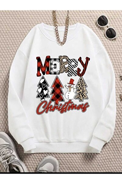 mercoledi سويت شيرت أبيض كبير الحجم برقبة دائرية للجنسين