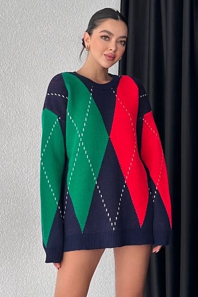 lovebox Diamond Patterned Oversize Long Sleeve Crew Neck Navy Blue Women's Sweater 2943