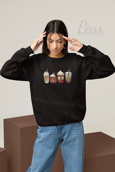 Pear Wear Дамски суитшърт с 3 нишки и повдигнат овърсайз за Нова година с щампа на кафе