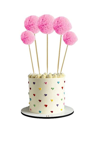 Partifabrik Pembe Renk Ponpon Pasta Süsü Kürdan 5 adet