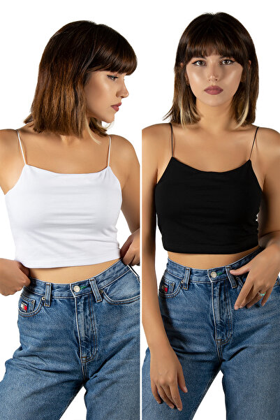 TREND 2'Li Paket Kadın Siyah-Beyaz Ip Askılı Pamuklu Crop Top Büstiyer Bluz A...
