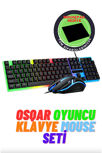Osqar Oyuncu Klavye Mouse Seti Kablolu Rgb Aydınlatmalı Set Gamer Pc Oyun Seti klavye