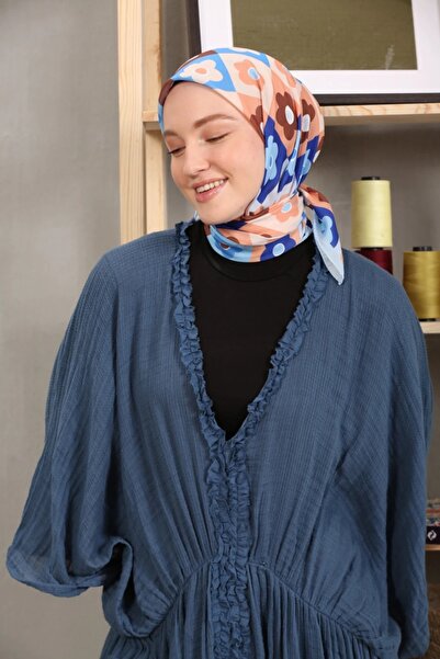 Modakaşmir Μαλακό βαμβακερό κασκόλ με μοτίβο λουλουδιών γαλάζιο