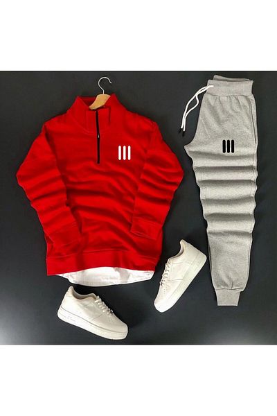 optimist sağdıç the original Unisex Three Line Printed Half Zipper Sweatshirt-Sweatpants Set Combination
