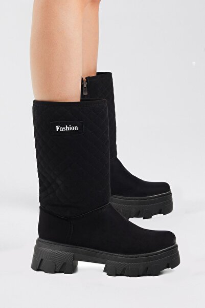 wilcoom Kız Çocuk Kapitone Desenli Rahat Kalıp Uzun Bot Siyah - Süet