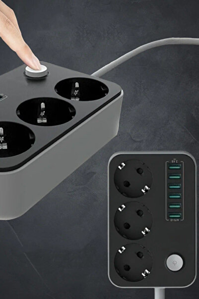 Genel Markalar Portatif Tasarım Akım Korumalı 2 Metre 3 Lü Priz 6 Usb Port Çoklu Şarj Aleti