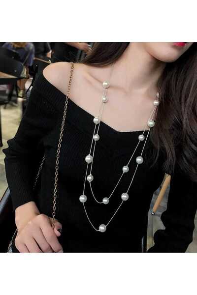 İPAR AKSESUAR Kadın Silver Uzun Zincirli İncili Kolye