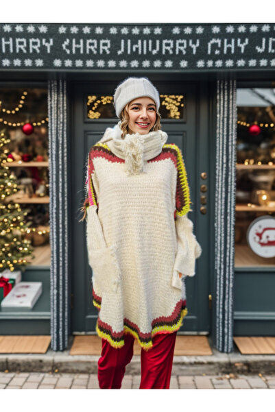 Hippybutik Krem Degaje Yaka Renkli Süslemeli Ponpon Detaylı Tunik Panço Görünümlü Kazak