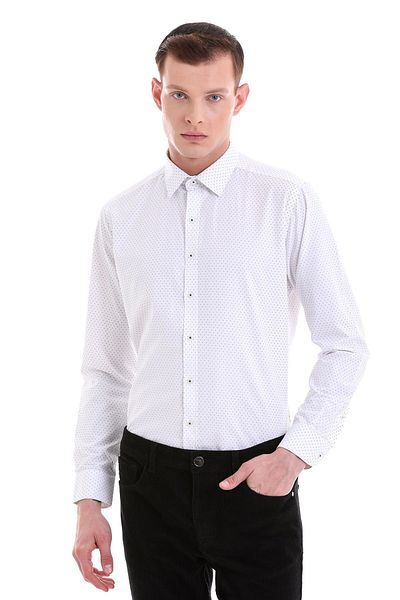 Hatemoğlu Μαύρο Slim Fit εμπριμέ βαμβακερό μακρυμάνικο πουκάμισο με λεπτή λαιμόκοψη