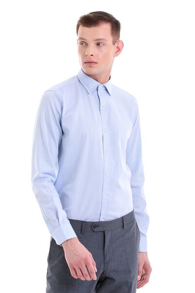 Hatemoğlu Mavi Comfort Fit Desenli 100% Pamuklu Slim Yaka Uzun Kollu Spor Gömlek